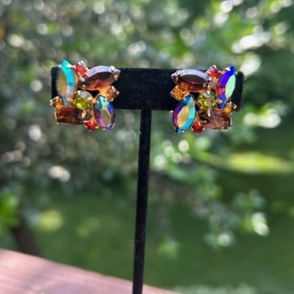 VTG Aurora Borealis AB Rhinestone Gold Earrings - Picture 1 of 8